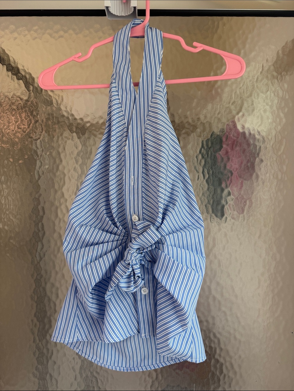 Striped Blue Tie-Front Halter Top - Women - Picture 3 of 6